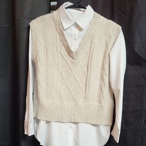 Sincerely Jules Cream V-Neck Sweater Vest with Preppie White Blouse, Sm